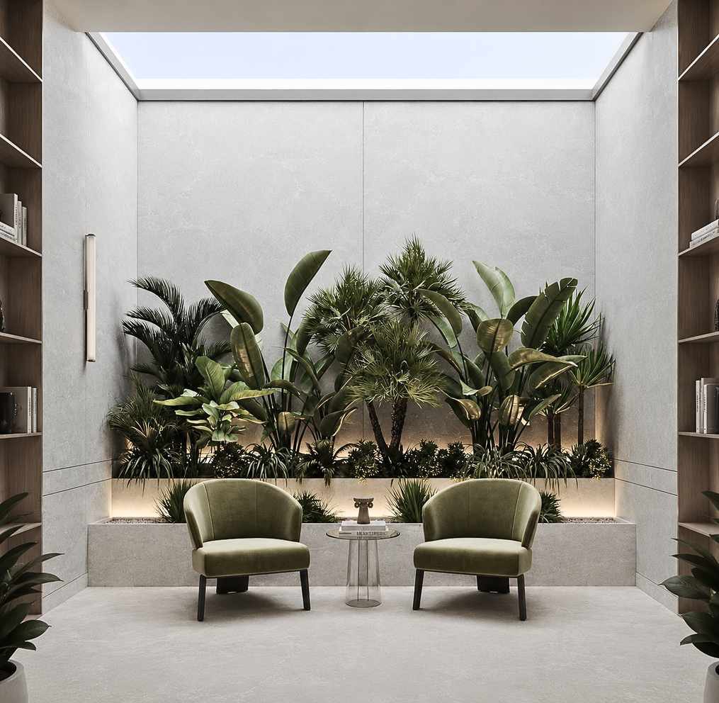 Sintered stone exterior courtyard cladding