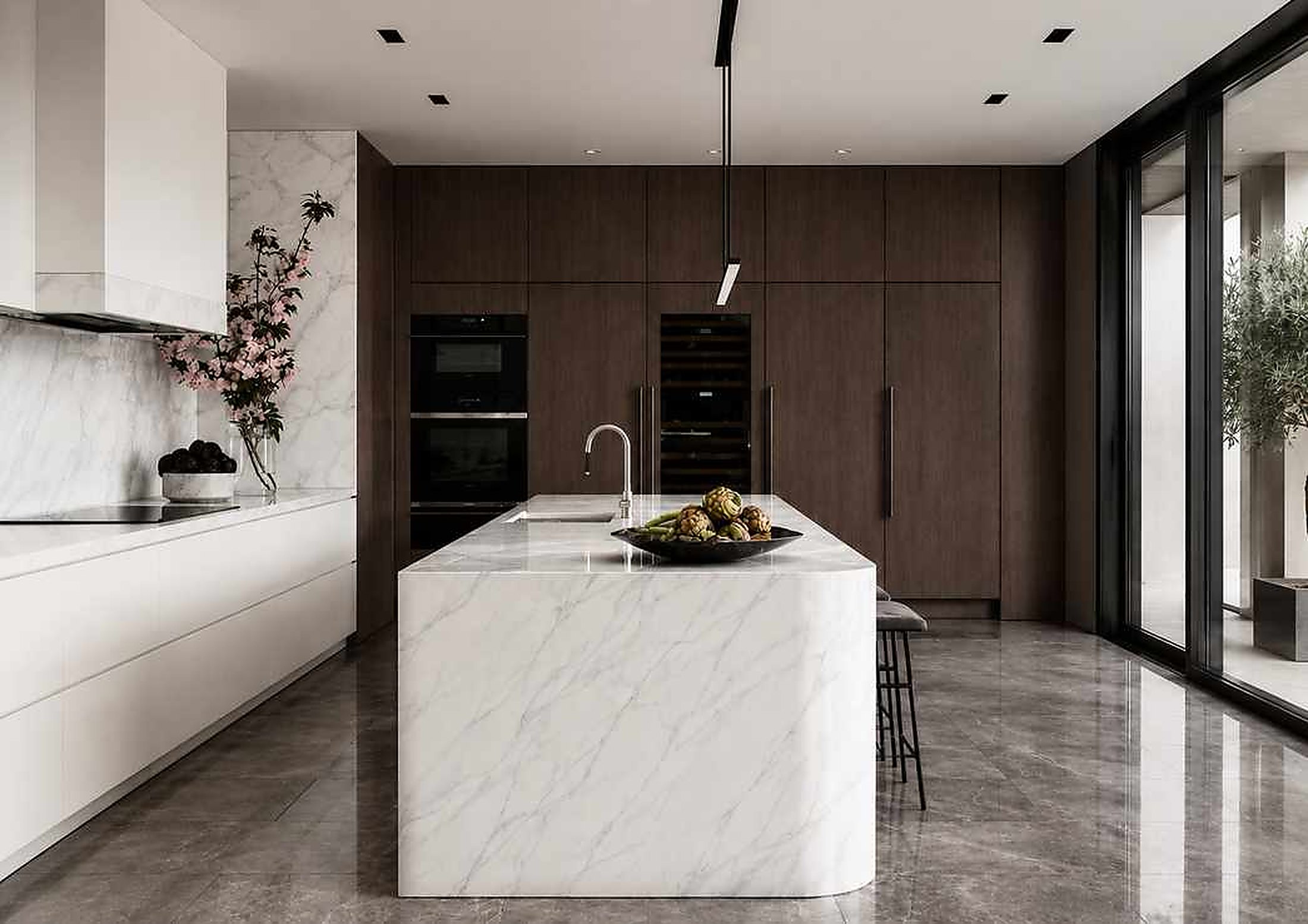 Sintered stone waterfall kitchen island