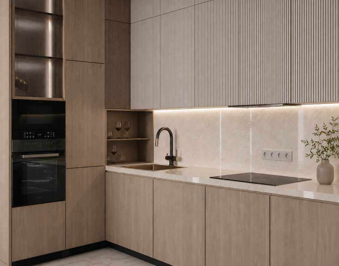 Sintered stone kitchen countertop and backsplash