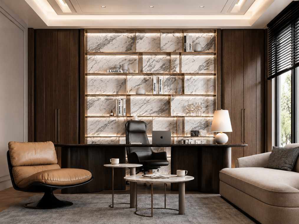 Sintered stone office shelving wall