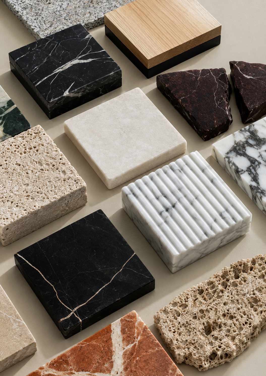 Sintered stone sample tiles in a range of colors and finishes